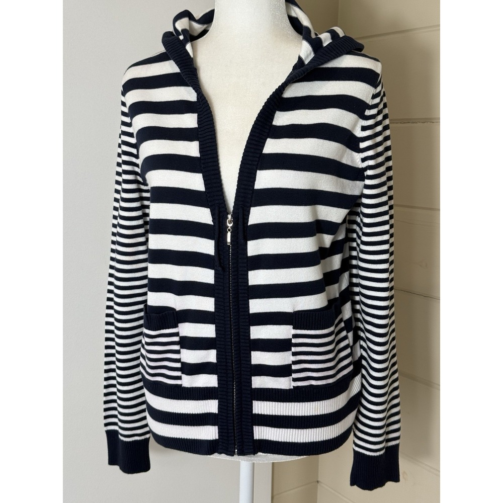Jones New York Cardigan Blue White Stripe Large Zip Cotton Coastal Nautical